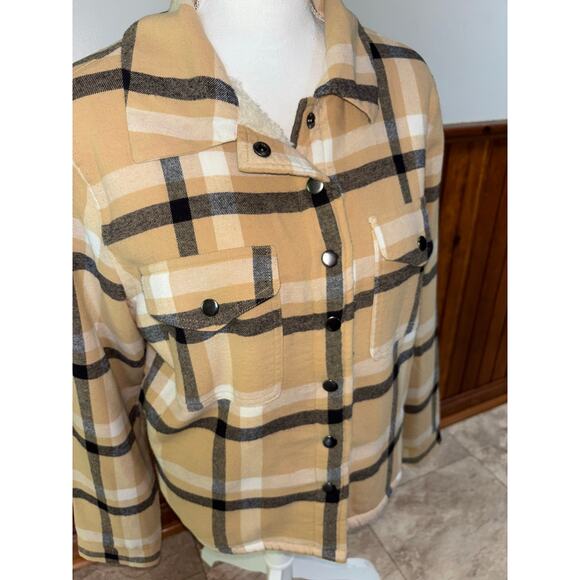 Womens Lucky Brand Gold Yellow Plaid‎ Flannel Sherpa Long Sleeve Shacket Small - Picture 2 of 9
